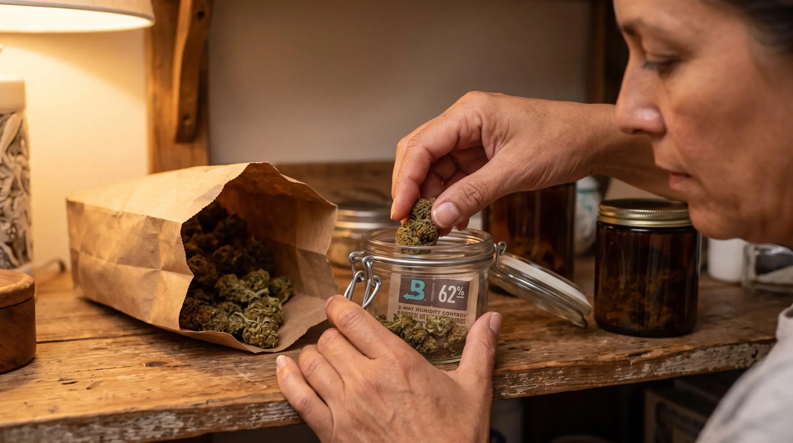 Des mains transfèrent des fleurs de CBD dans un bocal hermétique avec un sachet d'humidité sur une étagère en bois.