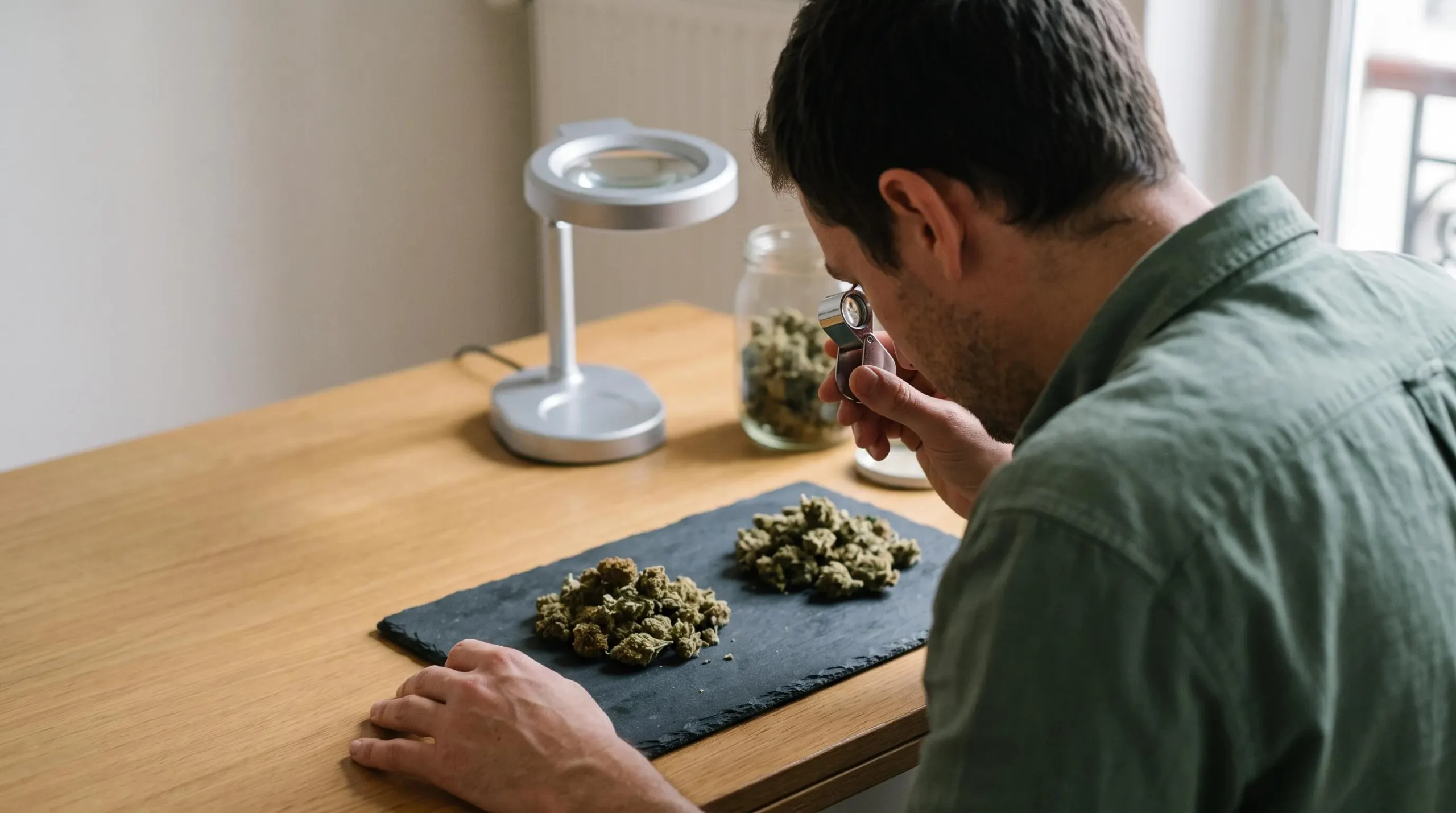 Une personne observe une fleur de CBD à la loupe sur une table pour examiner ses détails.