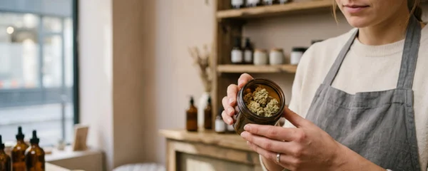 Un vendeur examine des fleurs de CBD dans un bocal en verre derrière le comptoir d'une boutique française.