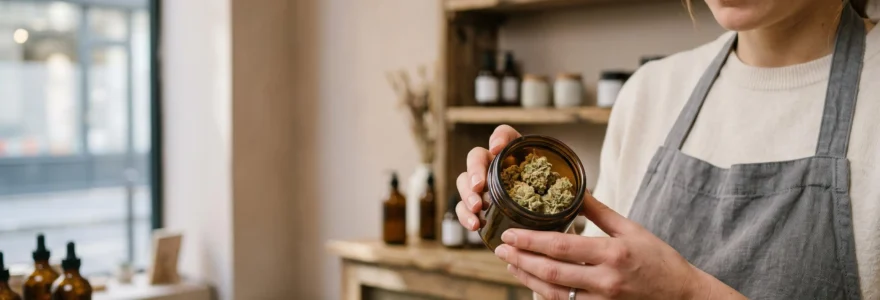 Un vendeur examine des fleurs de CBD dans un bocal en verre derrière le comptoir d'une boutique française.